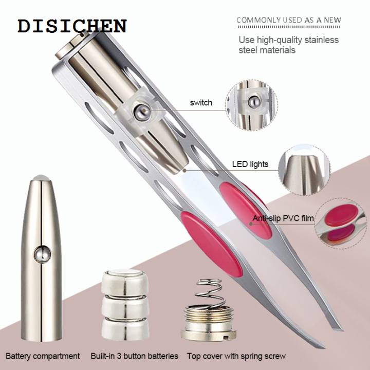 DISICHEN New 1PC LED Eyebrow Tweezer Oblique Tip Stainless Steel Eyebrow Trimming Clip Eye Hair Removal Prune False Eyelash Clamp Makeup Tool