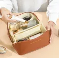 Travel PU Leather Cosmetic Makeup Bag and Makeup Organizer Side Zipper Pouch Travel Toiletry Kit. 