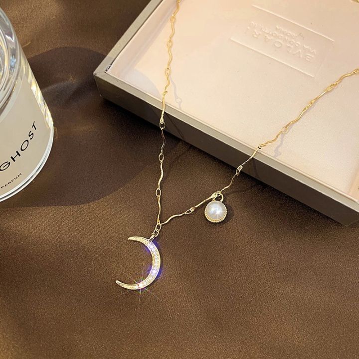 【Hottest Trends】Moon Star Hidden Moon Pearl Necklace Clavicle Chain Female Super Fairy Temperament God Neck Chain Pendant Choker Collar
