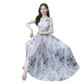 Summer 2022 New Women's V-neck Short-sleeved Printed Mid-length Dress Elegant Slimming Tall Lady Floral Dress. 