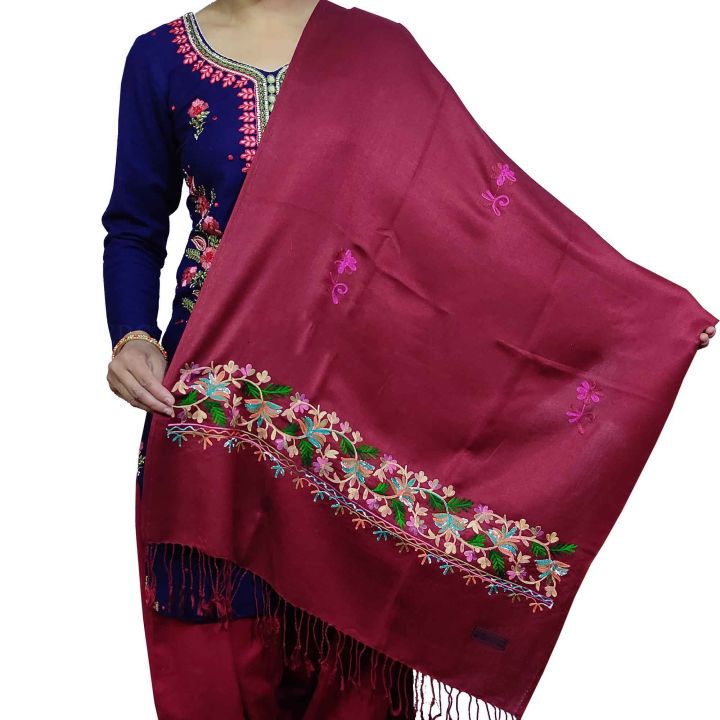 Cashmere Embroidered Acrylic Pashmina Shawl For Women - Maroon