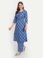 Msya Fashions Jaipur Block Print Cotton Kurta Set for Women with Button details and Hand Block Prints on Kurta and Pant- Indigo Blue Kurta Set. 