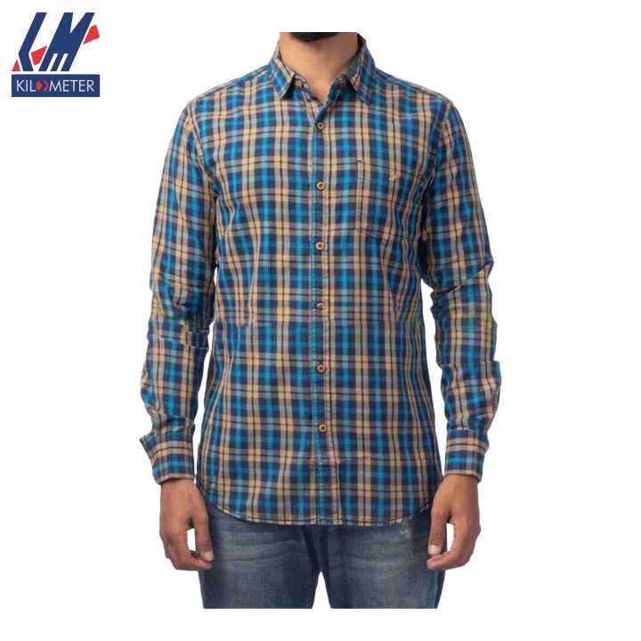 KILOMETER Light Blue/Brown Checkered Casual Full Shirt For Men - 003