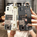 Hontinga for Realme 8 4G 8 Pro Back Cover Wrist Strap Cute Bear Printed Square Liquid Silicone Phone Case. 