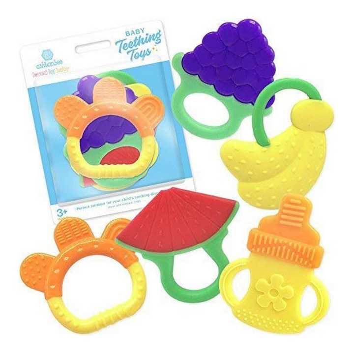 "Silicone Baby Teething Toys: Soothe Sore Gums with Freezer-Safe Teething Toy Set Featuring Unique Textures"