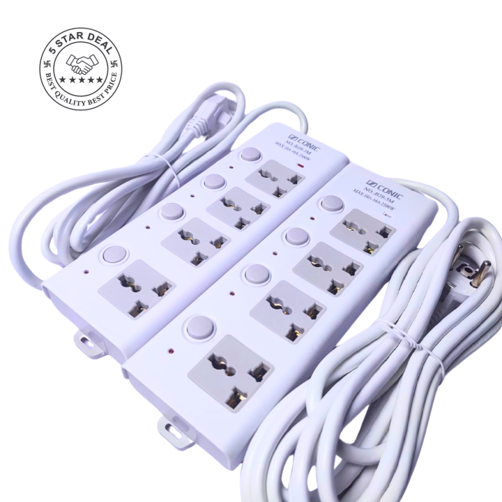 ICONIC B39-3M & 5M Cable 4 Port Extension Cord Multiplug, , 2500W, Universal Plug for Home & Office