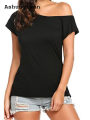 Ashunqiwen Affordable New specials Women's One Shoulder Off Tee Tops, Short Sleeve T Shirts, Basic Loose Shirt, Solid Casual Clothes, Summer Fashion. 