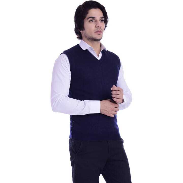 Solid V Neck Formal Navy Blue Half Sleeve Woolen Sweater For Men