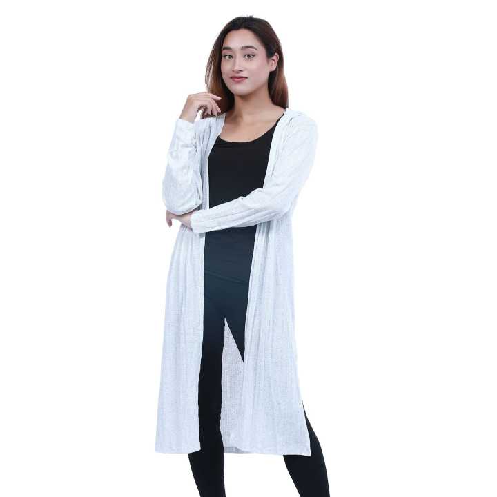 White Cotton Full Sleeves Plain Long Outer For Women