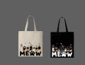Cute "MEOW" Cat Paws Printed Tote Bag – Eco-Friendly Cotton Shoulder Shopping Bag-White, Black. 