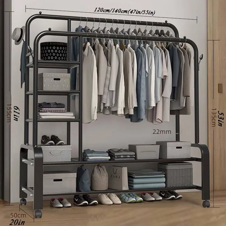 Double Rails Garment Rack with 4 Tier Storage Shelves and 4 Hooks Coat ...
