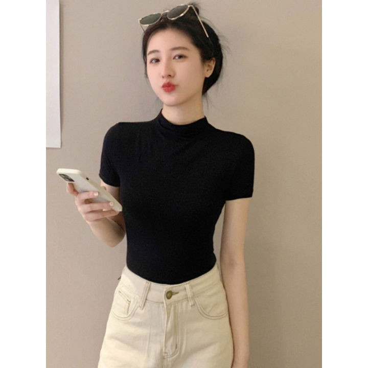 Last%20Lady%20Black%20Crew%20Neck%20Short%20Sleeve%20T-Shirt%20Women's%20Spring-Summer%202025%20Ice%20Silk%20Mid%20Neck%20Top%20Tight%20Half%20Sleeve%20Base%20Shirt%20-%20Image%203