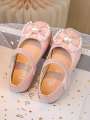 1 Pair Girls Flat Shoes, Pink Comfortable Versatile Hook And Loop Bow Ballerina Dance Shoes. 