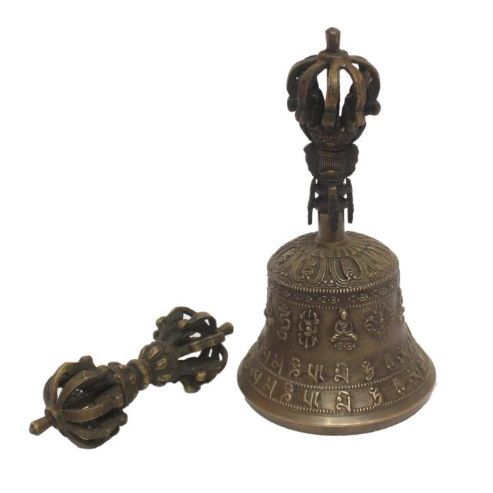 Old Golden Antique 7'' Tibetan Bell With Dorje