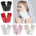 Wenefang 1Pair Girl Etiquette Performance Glove Satin Pearl Flower Lace Bow Short Children Princess Wedding Dress Dance Mitten. 