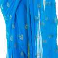 Sky Blue Chiffon Floral Embroidered Golden Border Design Saree For Women. 