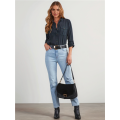 Lapel Casual Female Tops Navy Blue XL. 