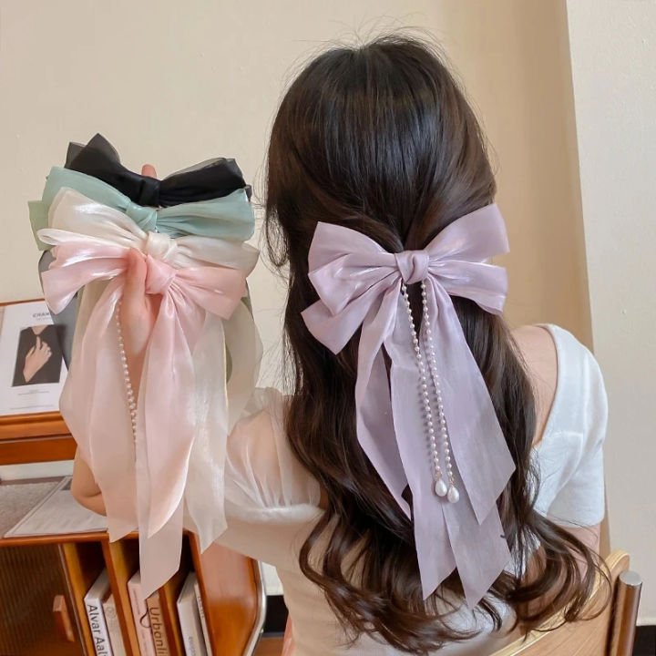 Spunky Add-ons Elegant Bow Ribbon Hairpin for Women Long Tassels Pearl Pin Bowknot Stain Hair Clip