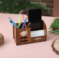 Pen Stand with WATCH/CLOCK Visiting Card & Mobile Holder Multipurpose Wooden Desk Organizer Pen and Pencil Stand for Office Table with Business Card Holder Box and Mobile Stand LINE. 