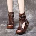 2025 New Bohemian Womens Leather Sandals - Retro Brown Chunky Wedge Peep-Toe Ankle Wrap Espadrille Summer Shoes. 