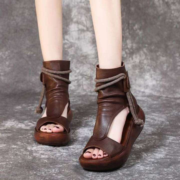 2025 New Bohemian Womens Leather Sandals - Retro Brown Chunky Wedge Peep-Toe Ankle Wrap Espadrille Summer Shoes