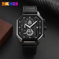 SKMEI 1963 Men's Fashion Multifunction Chronograph Square Dial Date Display Leather Strap Watch - Black. 