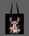 Floral Deer Printed Tote Bag – Aesthetic Nature Design– Eco-Friendly Cotton Shoulder Shopping Bag-White, Black. 