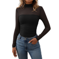 Women'S - Mock Turtle Neck Long Sleeve Tops Sheer Mesh Ruched Trendy Going Out Shirts Blouse. 
