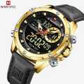 NaviForce NF9208 Men's Dual Display LCD Leather Strap Complete Calendar Wristwatch - Golden/Black. 
