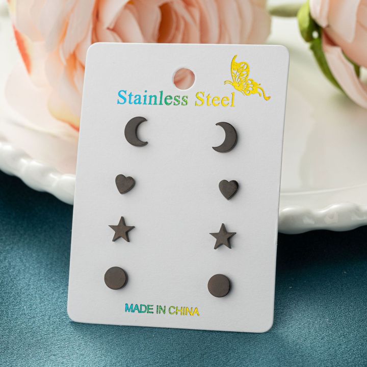【Exclusive Offer】Black Series Stainless Steel Geometric Mini Small Earrings Ins Men's and Women's All-match Love Heart Round Combination suit