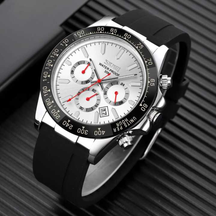 Black Rubber Strap Mechanical Watch White Dial For Men