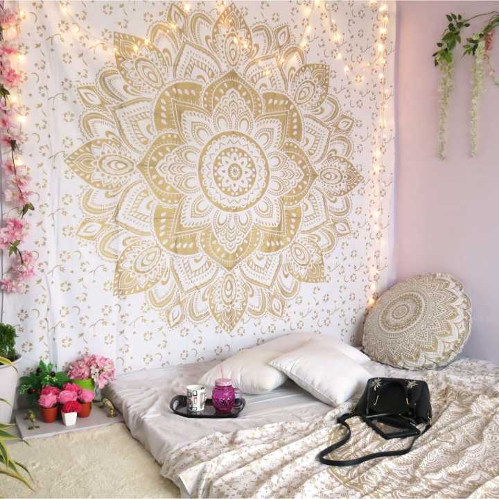 Golden Black Mandala Tapestry Wall Hanging 84 x 94 Inches Handmade Cotton Bohemian Beach Throw Bedspread Picnic Blanket