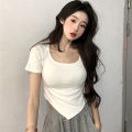 Women Short Sleeve Square Neck T-Shirt Summer Irregular Hem Slim Casual Bottom TopsNIUMAO. 