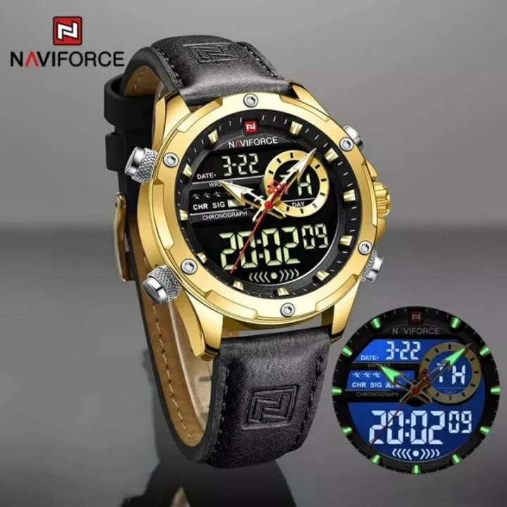 NaviForce%20NF9208%20Men's%20Dual%20Display%20LCD%20Leather%20Strap%20Complete%20Calendar%20Wristwatch%20-%20Golden/Black%20-%20Image%204