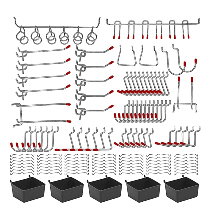 114 Pcs Peg Board Hooks Assortment with Metal Hooks Sets, Hole Plate Bins, Peg Locks for Organizing Storage System Tools Easy to Use