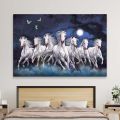 Single Panel Seven White Horse Force Running on Full Moon Night On River Splashing Out Water Matte Canvas Cotton Print | HQ | Great Significance in Vastu | S | 12 X 18 | Tightly Wrapped In Wooden Frame | Not stickers or No Forex Board. 