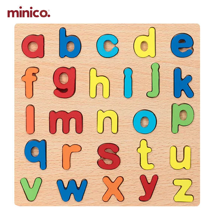 Minico Wooden Educational Puzzle for Kids – Small English Alphabet a-z Board – Colorful Montessori Toy for Toddlers (20x20cm)