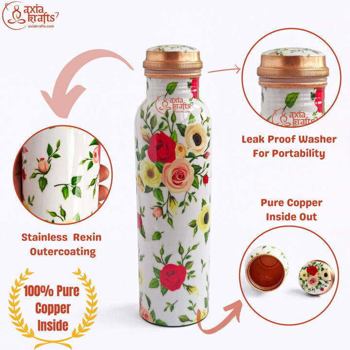 Axia Krafts Pure Copper Bottle 1 Liter White Flower Tama Bottle
