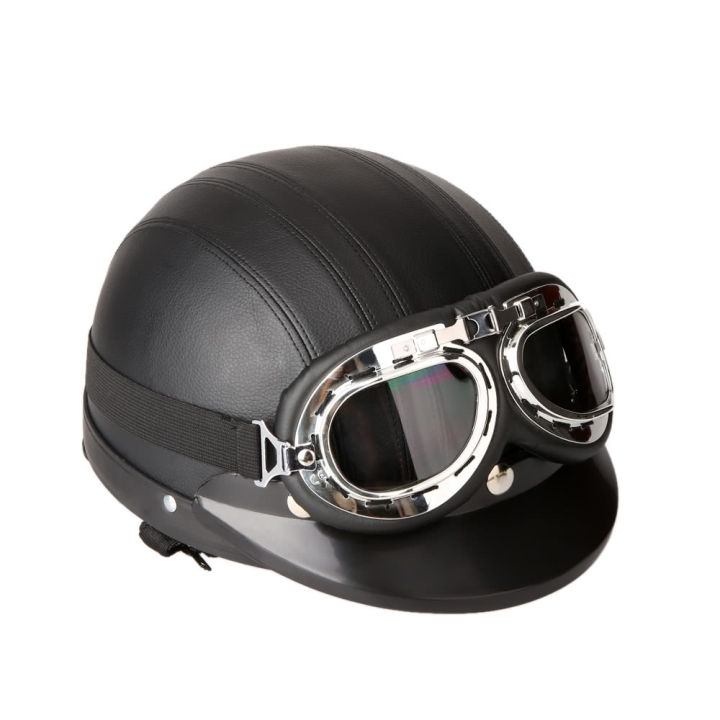 Motorcycle cooter Open Face Half Leather Helmet with Visor UV Goggles