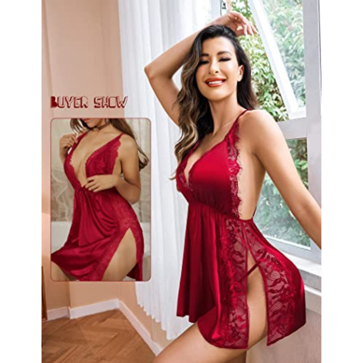 Fancyra%20Babydoll%20Nightwear%20Lingerie%20Satin%20Lace%20Chemise%20Nightgown%20Sexy%20Side%20Slit%20Sleepwear%20For%20Women%20-%20Image%202