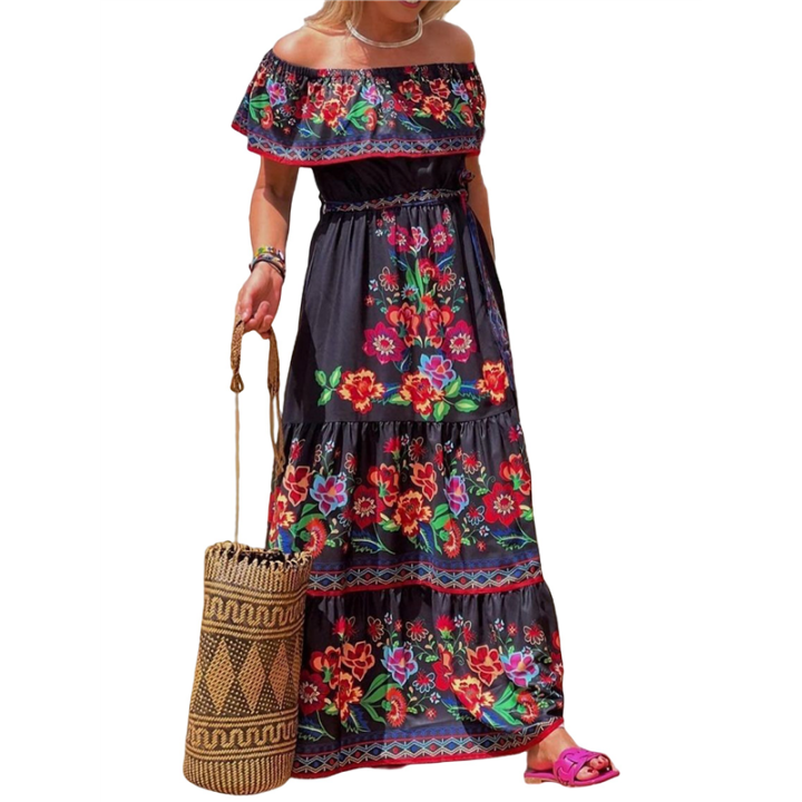 Women'S Mexican Dress Summer Floral Print Off the Shoulder Sleeveless Beach  Long Maxi Dress | Daraz.com.np