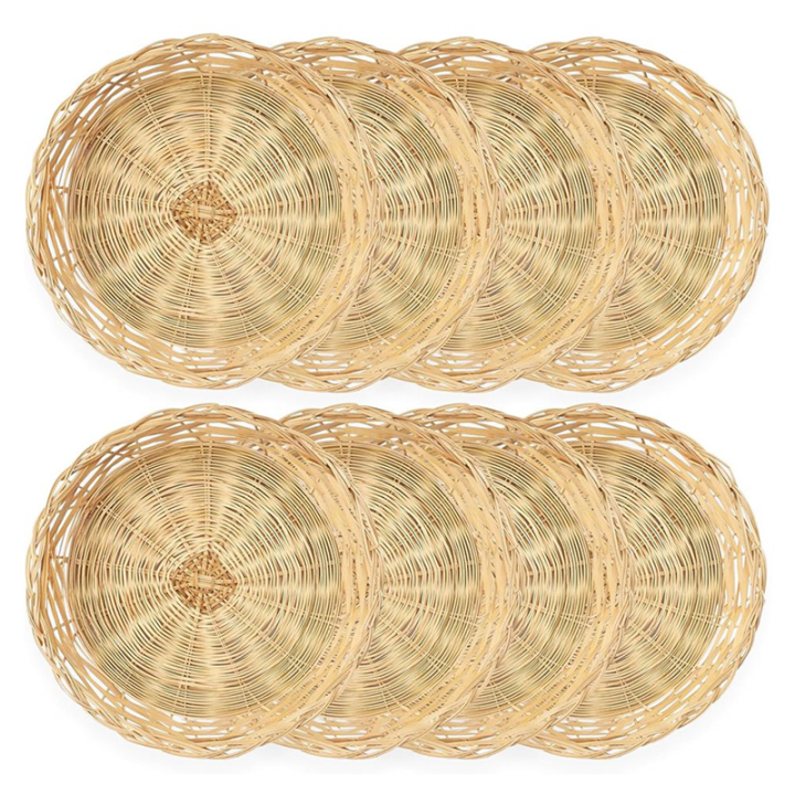 ARELENE 8 Pack Bamboo Paper Plate Holders, 10 Inches Reusable for Dinner Plates Hand Woven Wicker Paper Plate Baskets