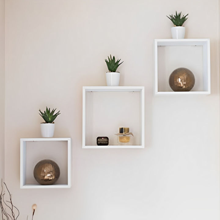 Kamakhya Decor Modern Home Decor Square Cube Floating Wall Shelf Set of 3 (White)