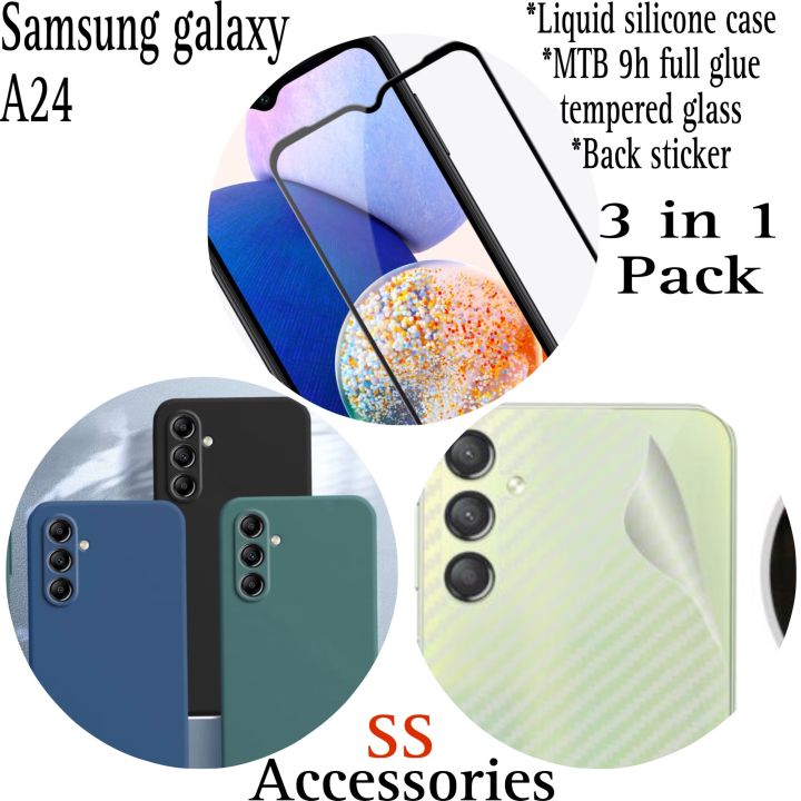 Samsung galaxy A24 3 in 1 combo pack screen protector + carbon back sticker + liquid silicone case for Samsung galaxy A24