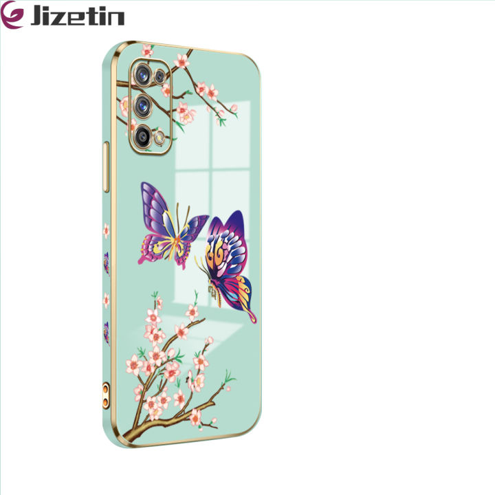 Jizetin for Realme 7 Pro Back Cover With Free Lanyard Flowers Butterfly 6D Plating Silicone Phone Case