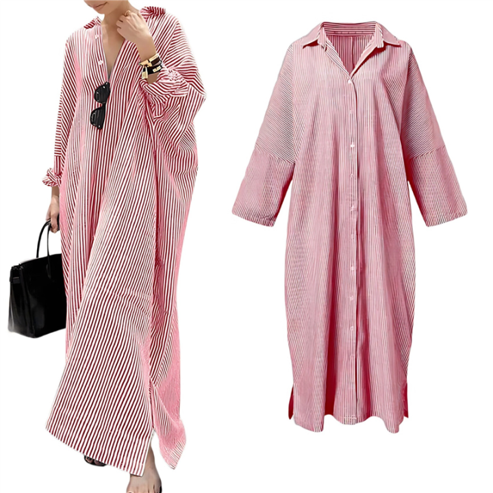 Women's Striped Maxi Shirt Dress Red S Size S Striped Maxi Shirt Dress Women's Red