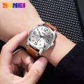 SKMEI 9305 Men's Casual Date Function Leather Strap Quartz Wristwatch - Brown/Silver. 