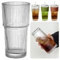 Portable 600ml Capacity Glass Tumbler With Lid and Straw Transparent Glasses Stripe Glass Cup Heat Resistant Reusable Coffee Mug for Juice Water and Iced Coffee Drinkware. 