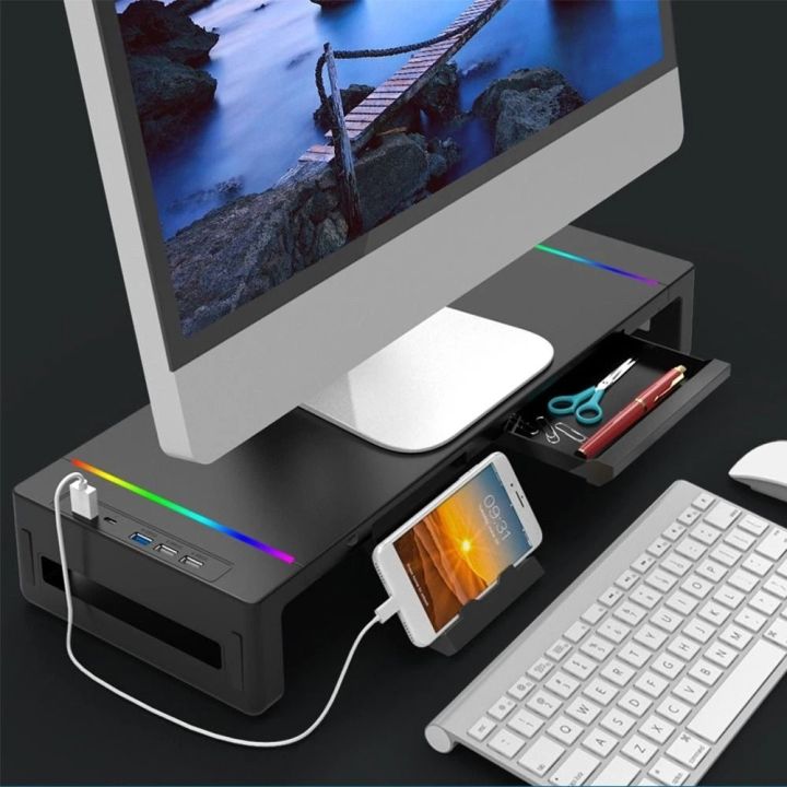 Rgb Color Changing Computer Stand Portable RGB Lights Monitor Stand Riser with 3.0 & 2.0 Hub with Storage ...