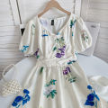 Off White Puff Short Sleeve Printed V-Neck Vintage Temperament Bohemian Floral Fairy Dress For Women. 